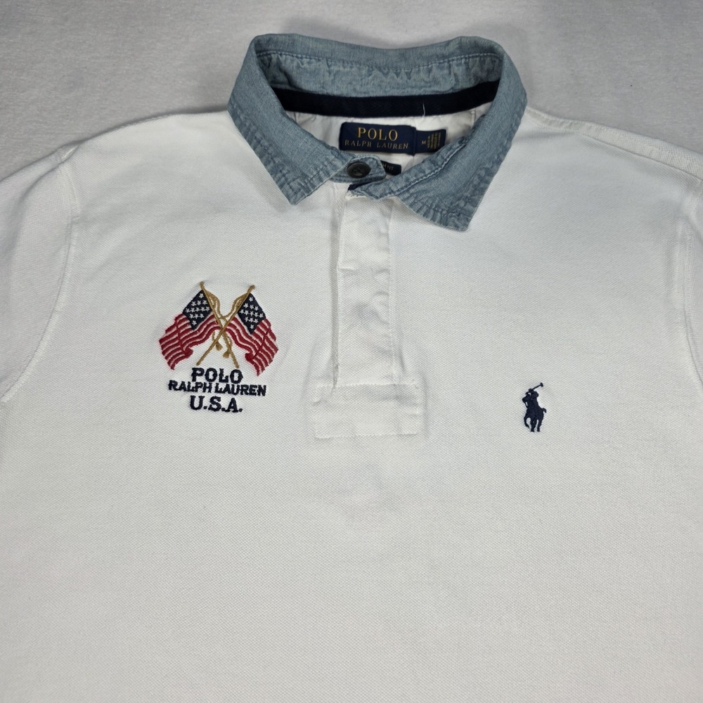 Y2K Polo Ralph Lauren Short Sleeve Denim Collar USA Flag Shirt White Mens Size M